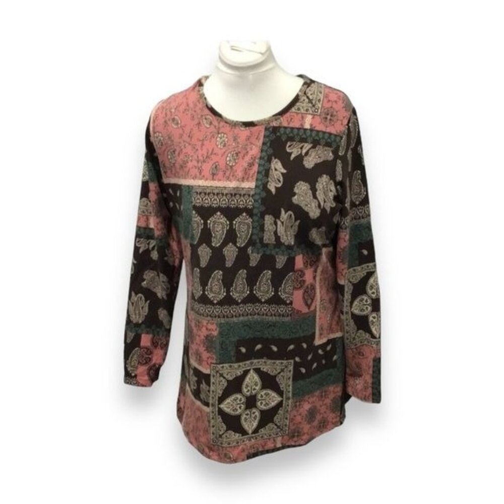 Denim & Co. Women’s Long Sleeve Tunic Round Neck Boho Patchwork Paisley Pink L